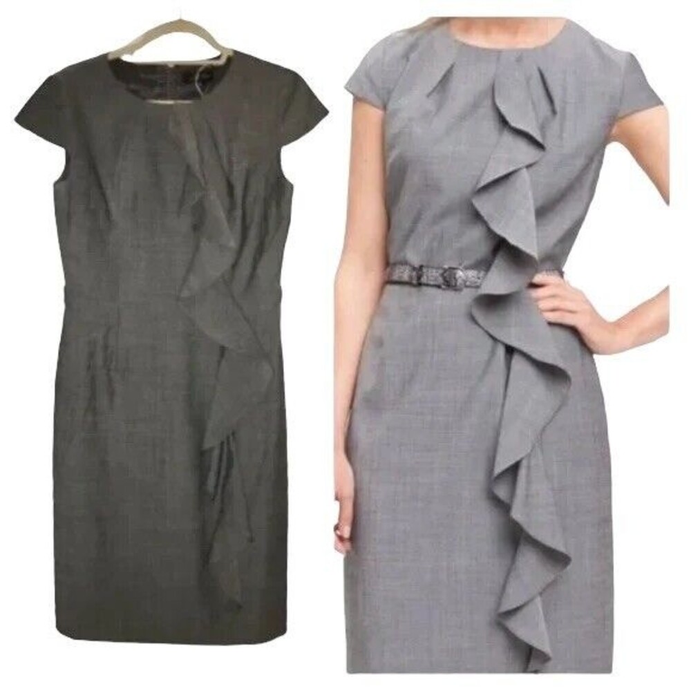 Tahari Size 8 Gray Ruffled Wool Blend Sheath Dress Cap Sleeve Career